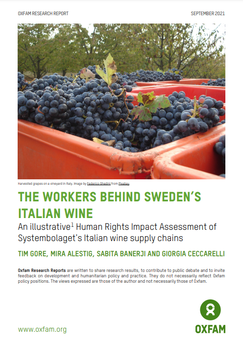 Framsida till Oxfam-rapporten "The Workers Behind Sweden's Italian Wine".