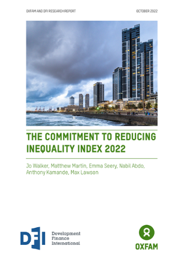Framsida till Oxfam-rapporten "The Commitment To Reducing Inequality 2022".